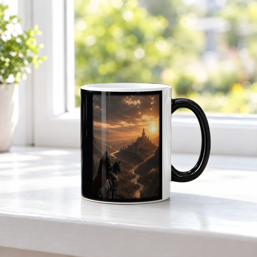 Der lange Weg heim – Black Edition Zaubertasse mit Motiv (heiß), auf der Fensterbank