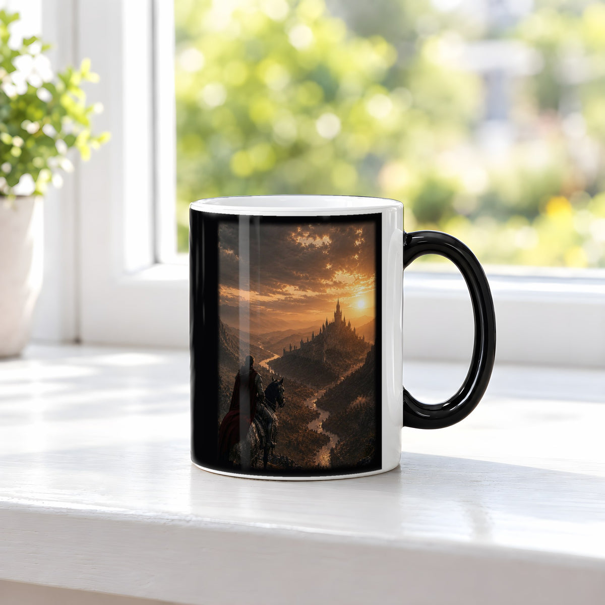Der lange Weg heim – Black Edition Zaubertasse mit Motiv (heiß), auf der Fensterbank