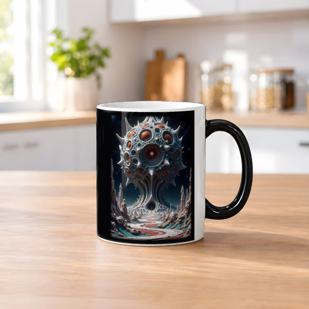 Der Monolith – Black Edition Zaubertasse mit Motiv (heiß), auf dem Küchentresen