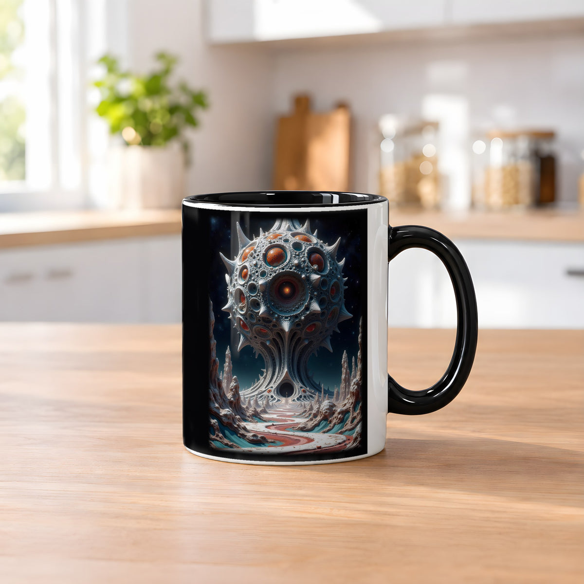 Der Monolith – Tasse innen schwarz, auf dem Küchentresen