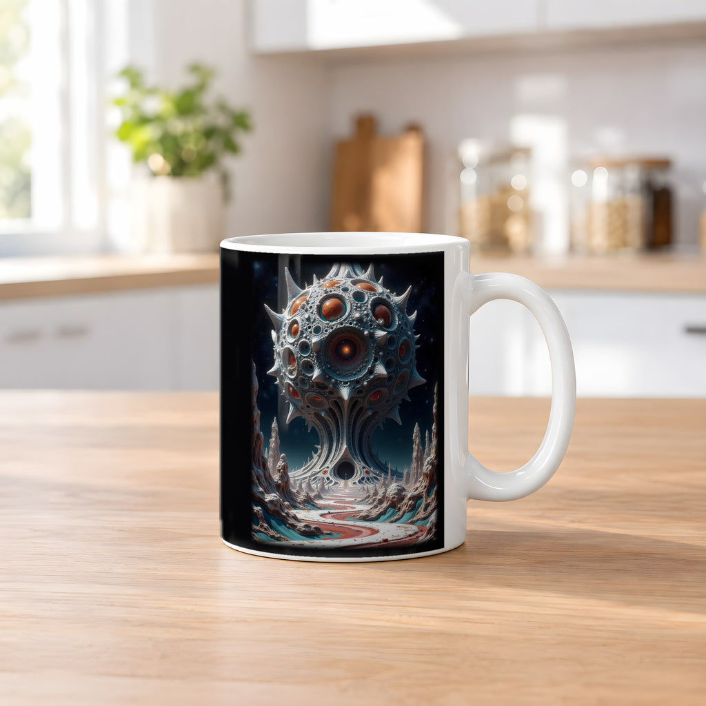 Der Monolith – weiße Tasse, auf dem Küchentresen