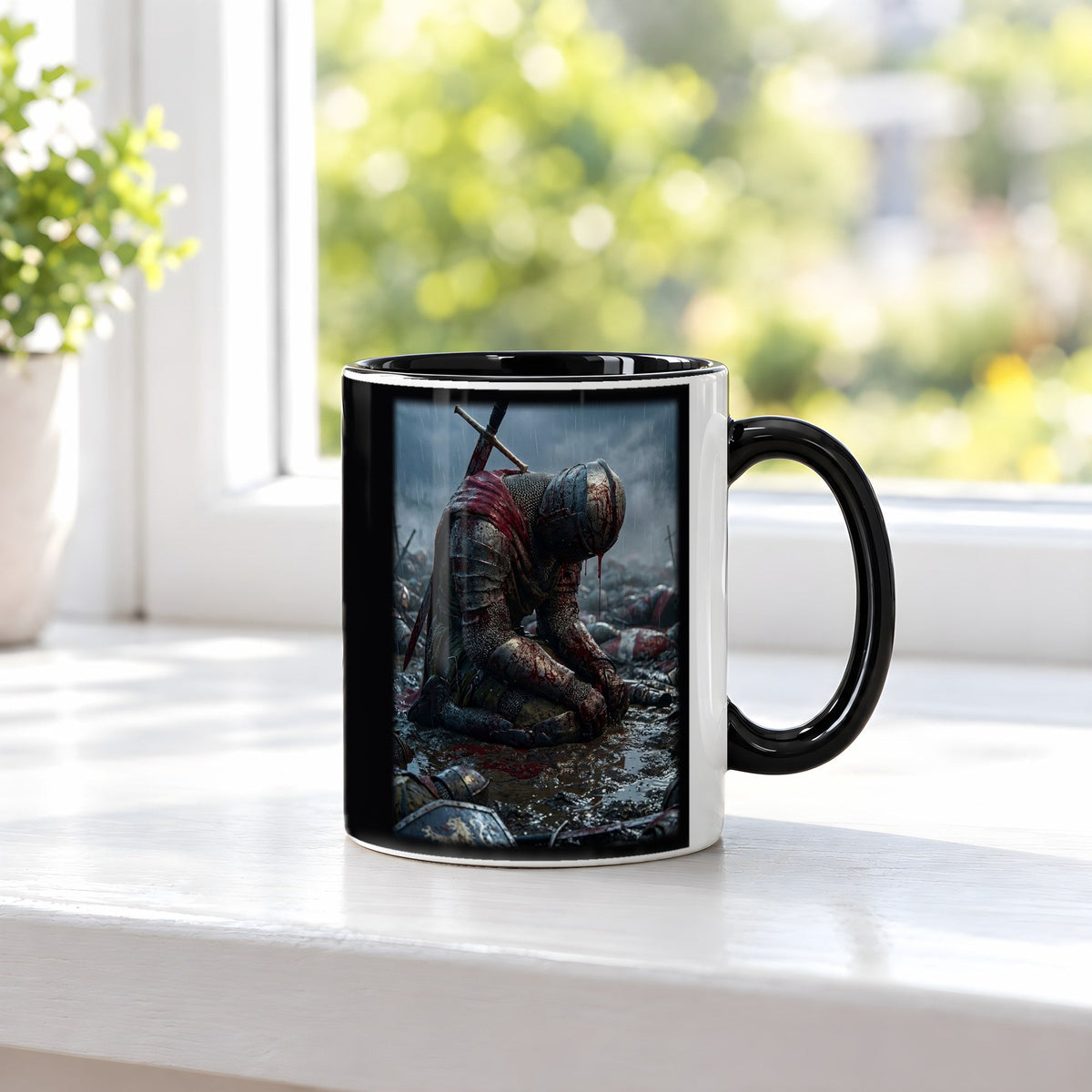 Der Trauernde – Tasse innen schwarz, auf der Fensterbank