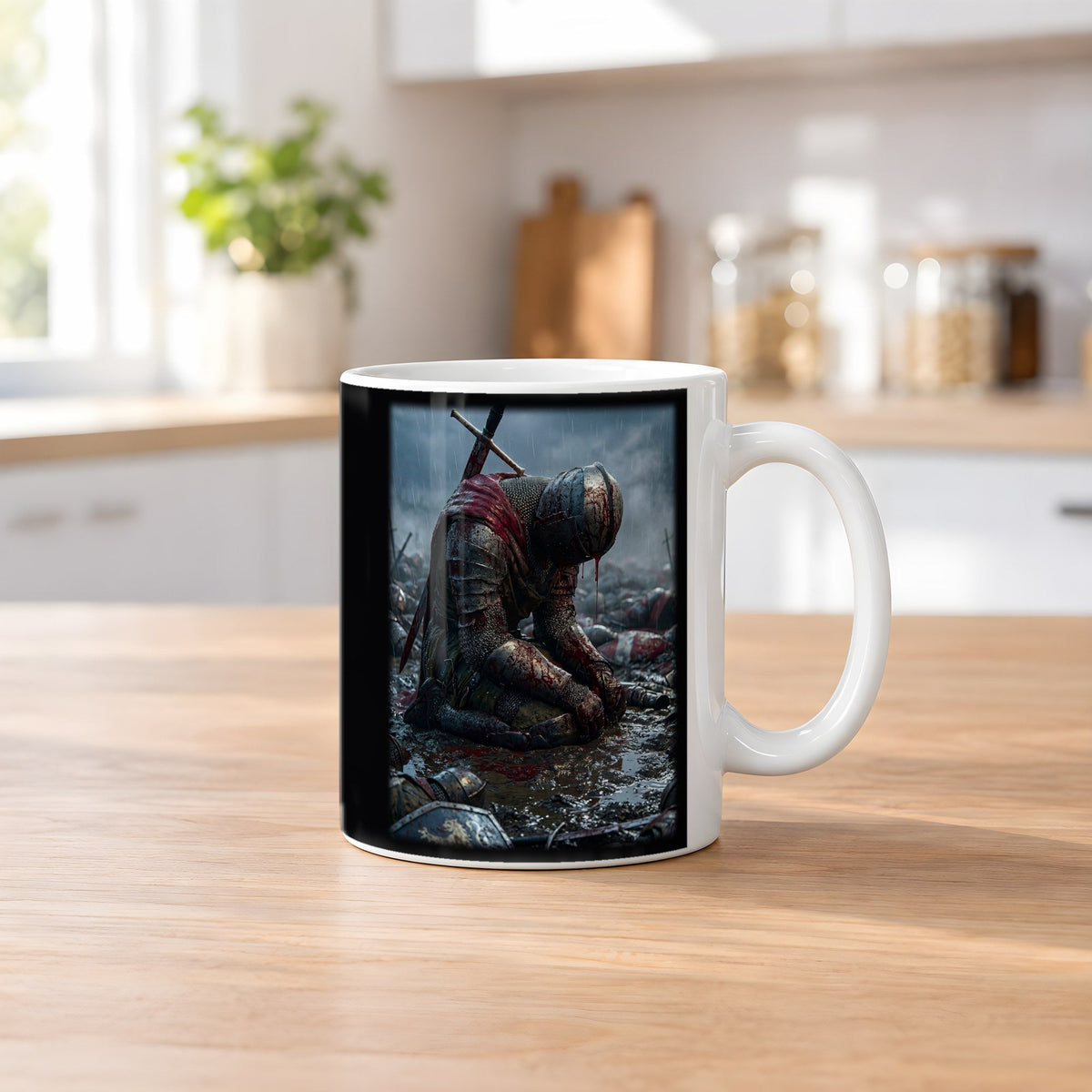 Der Trauernde – weiße Tasse, auf dem Küchentresen