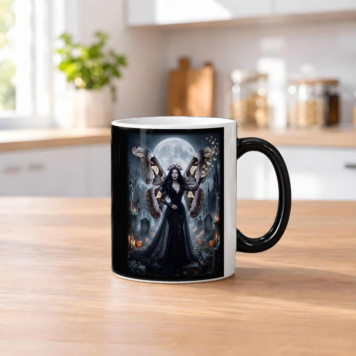 Die Mottenkönigin – Black Edition Zaubertasse mit Motiv (heiß), auf dem Küchentresen