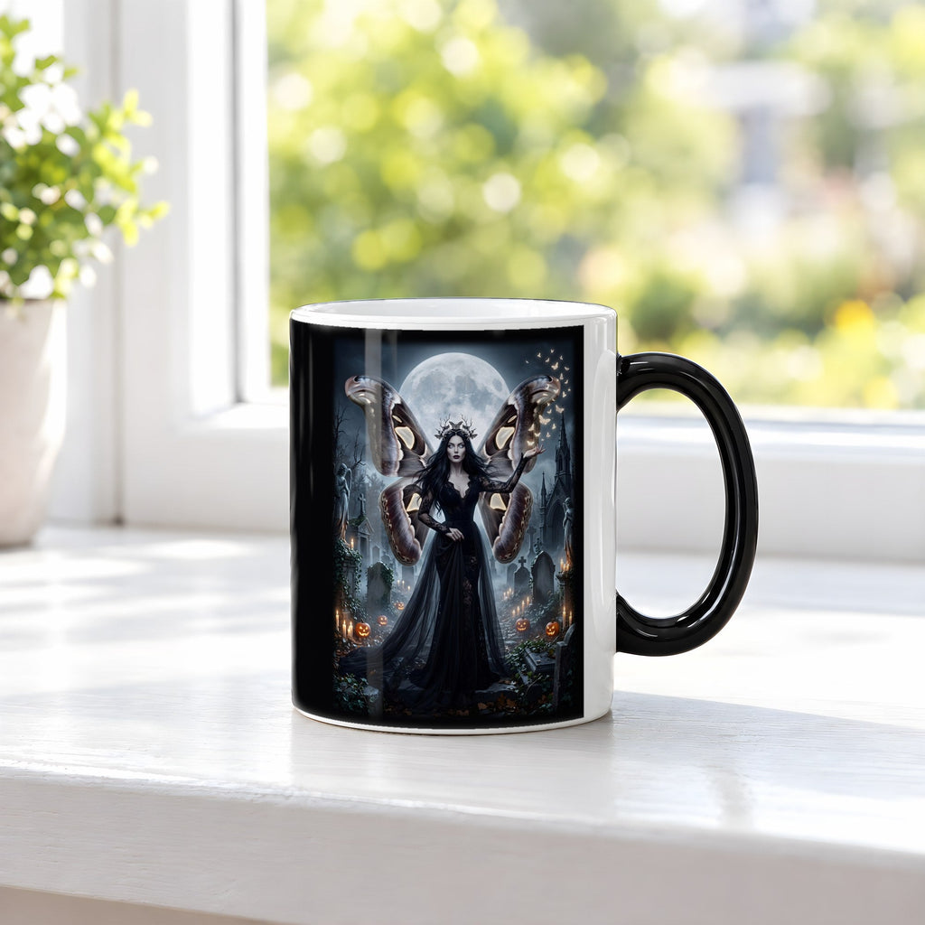 Die Mottenkönigin – Black Edition Zaubertasse mit Motiv (heiß), auf der Fensterbank