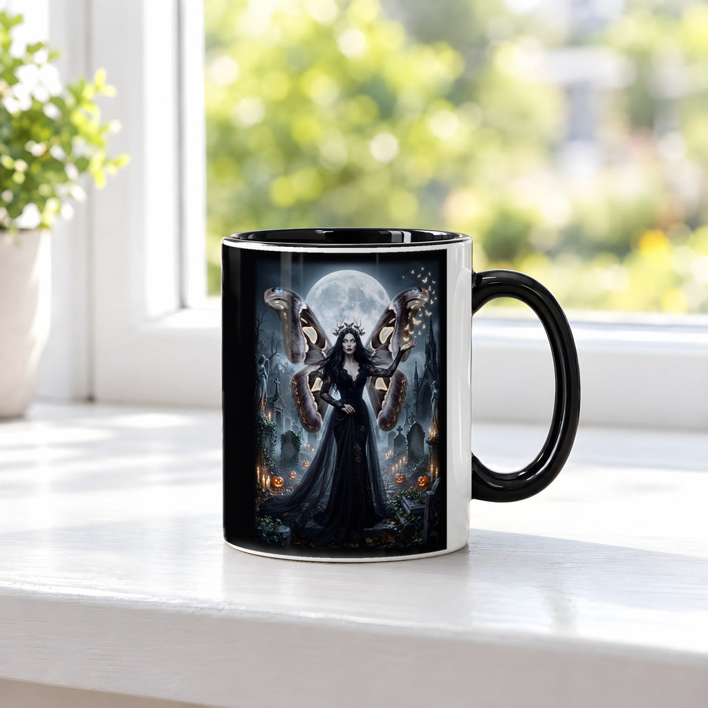 Die Mottenkönigin – Tasse innen schwarz, auf der Fensterbank