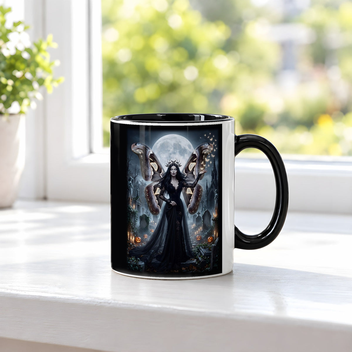 Die Mottenkönigin – Tasse innen schwarz, auf der Fensterbank