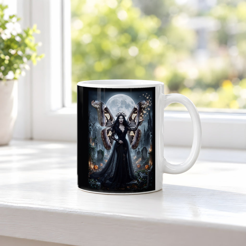 Die Mottenkönigin – weiße Tasse, auf der Fensterbank