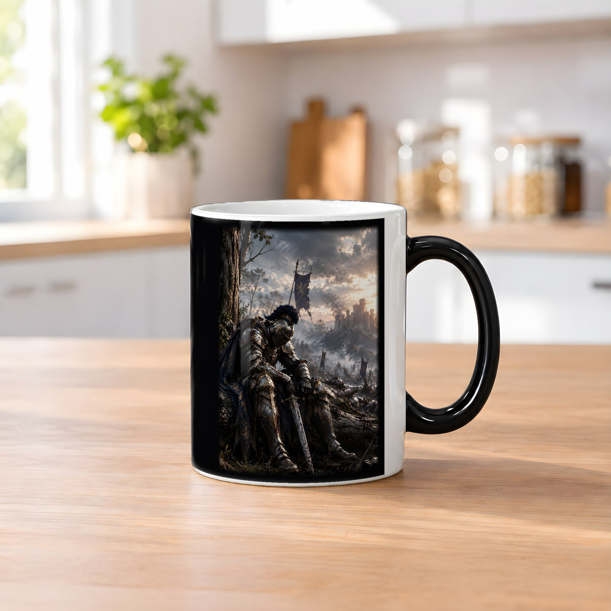 Nach der Schlacht – Black Edition Zaubertasse mit Motiv (heiß), auf dem Küchentresen