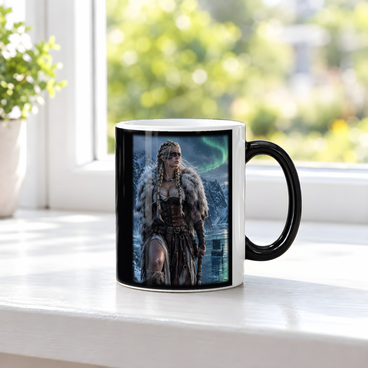 Die Nordlichtkriegerin – Black Edition Zaubertasse mit Motiv (heiß), auf der Fensterbank