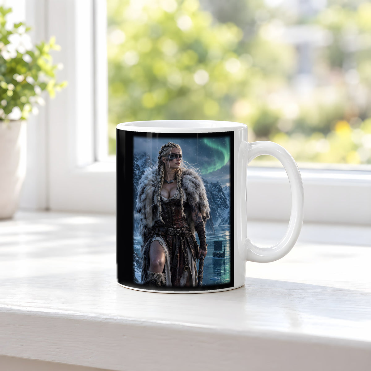 Die Nordlichtkriegerin – weiße Tasse, auf der Fensterbank
