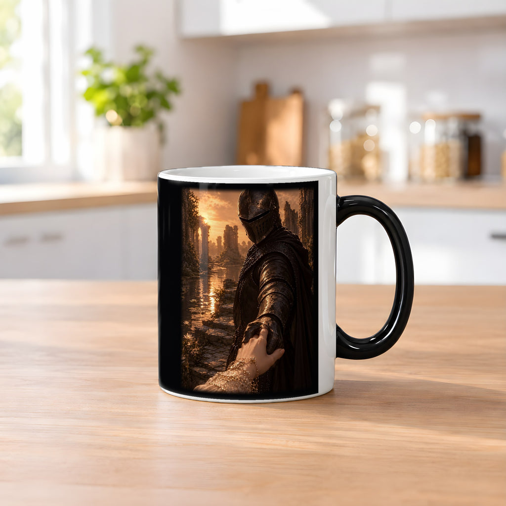 Nimm meine Hand – Black Edition Zaubertasse mit Motiv (heiß), auf dem Küchentresen