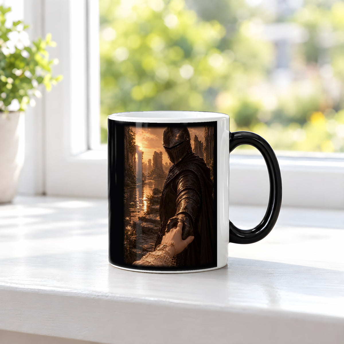 Nimm meine Hand – Black Edition Zaubertasse mit Motiv (heiß), auf der Fensterbank