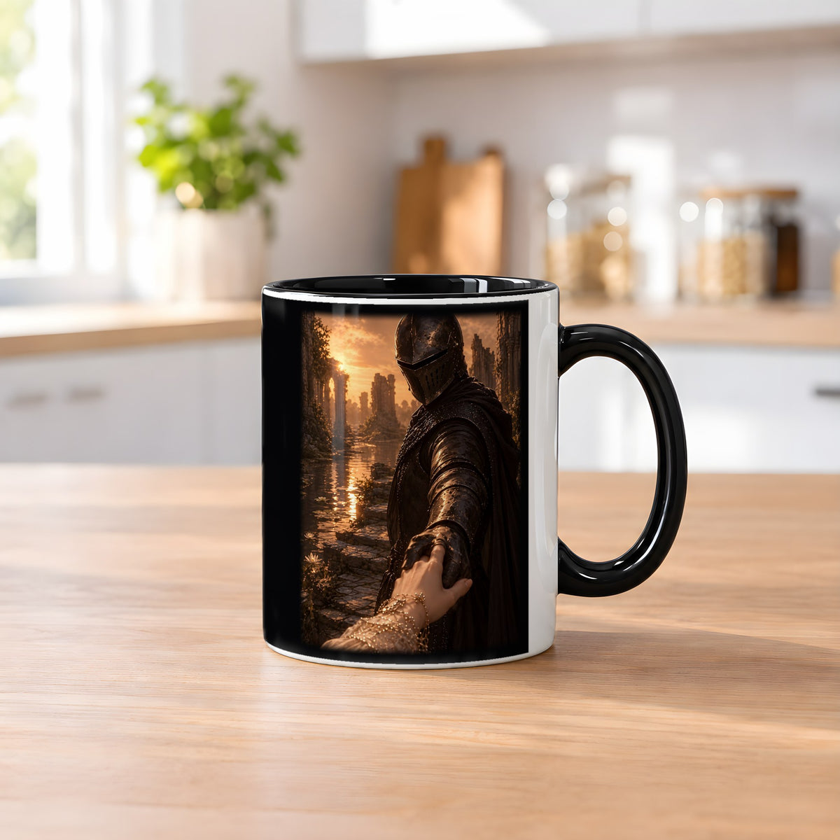 Nimm meine Hand – Tasse innen schwarz, auf dem Küchentresen