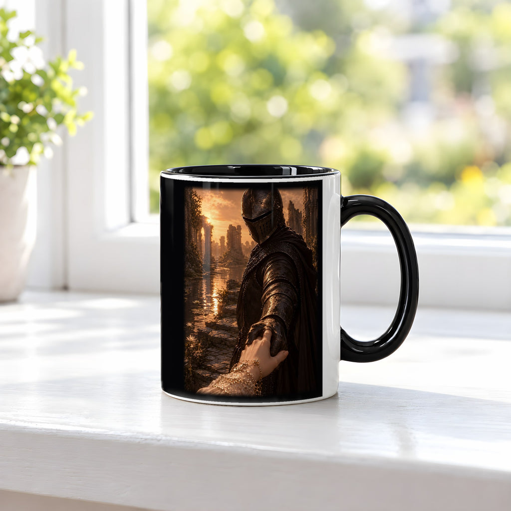 Nimm meine Hand – Tasse innen schwarz, auf der Fensterbank