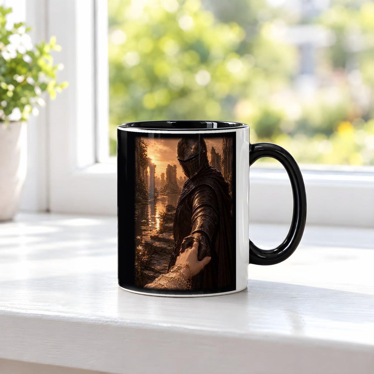Nimm meine Hand – Tasse innen schwarz, auf der Fensterbank