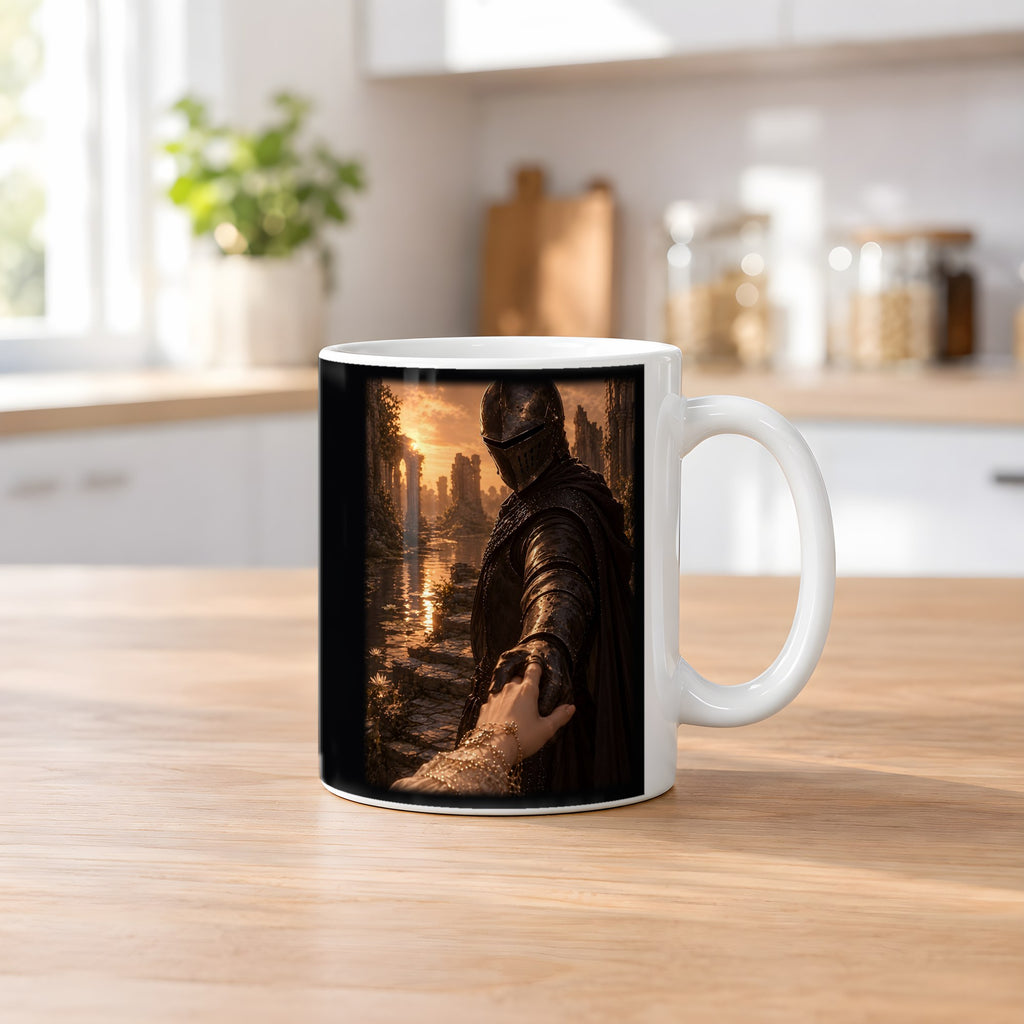 Nimm meine Hand – weiße Tasse, auf dem Küchentresen