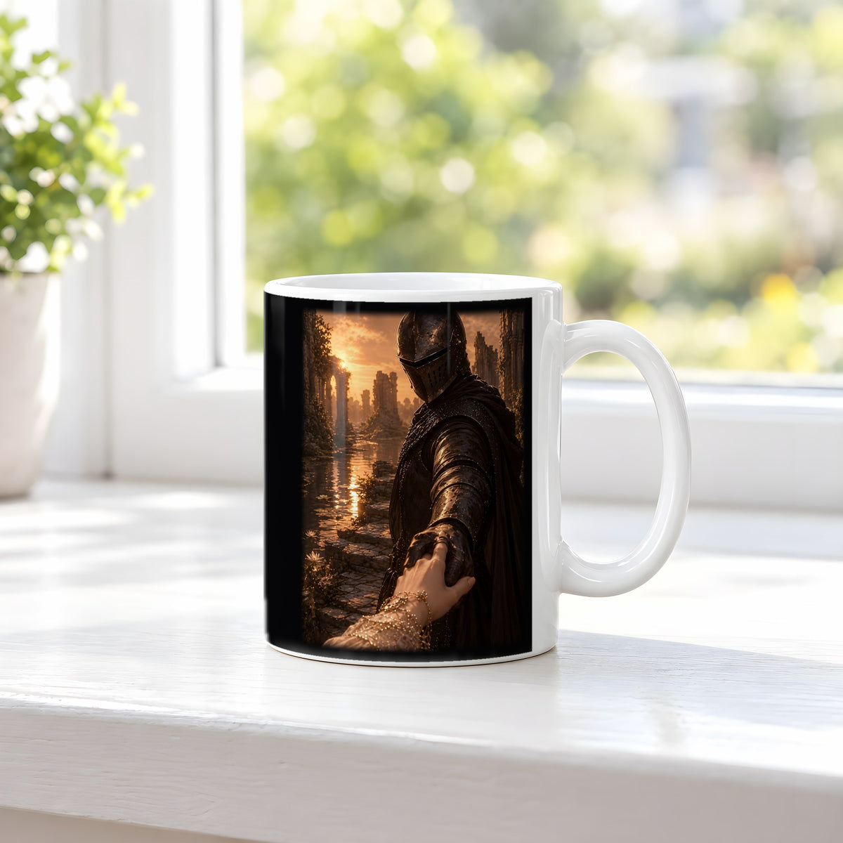 Nimm meine Hand – weiße Tasse, auf der Fensterbank