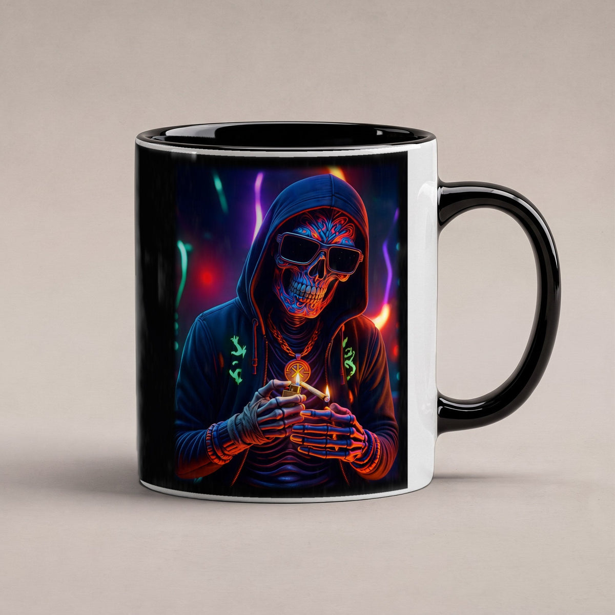 Das Neon-Skelett – Tasse innen schwarz, freigestellt