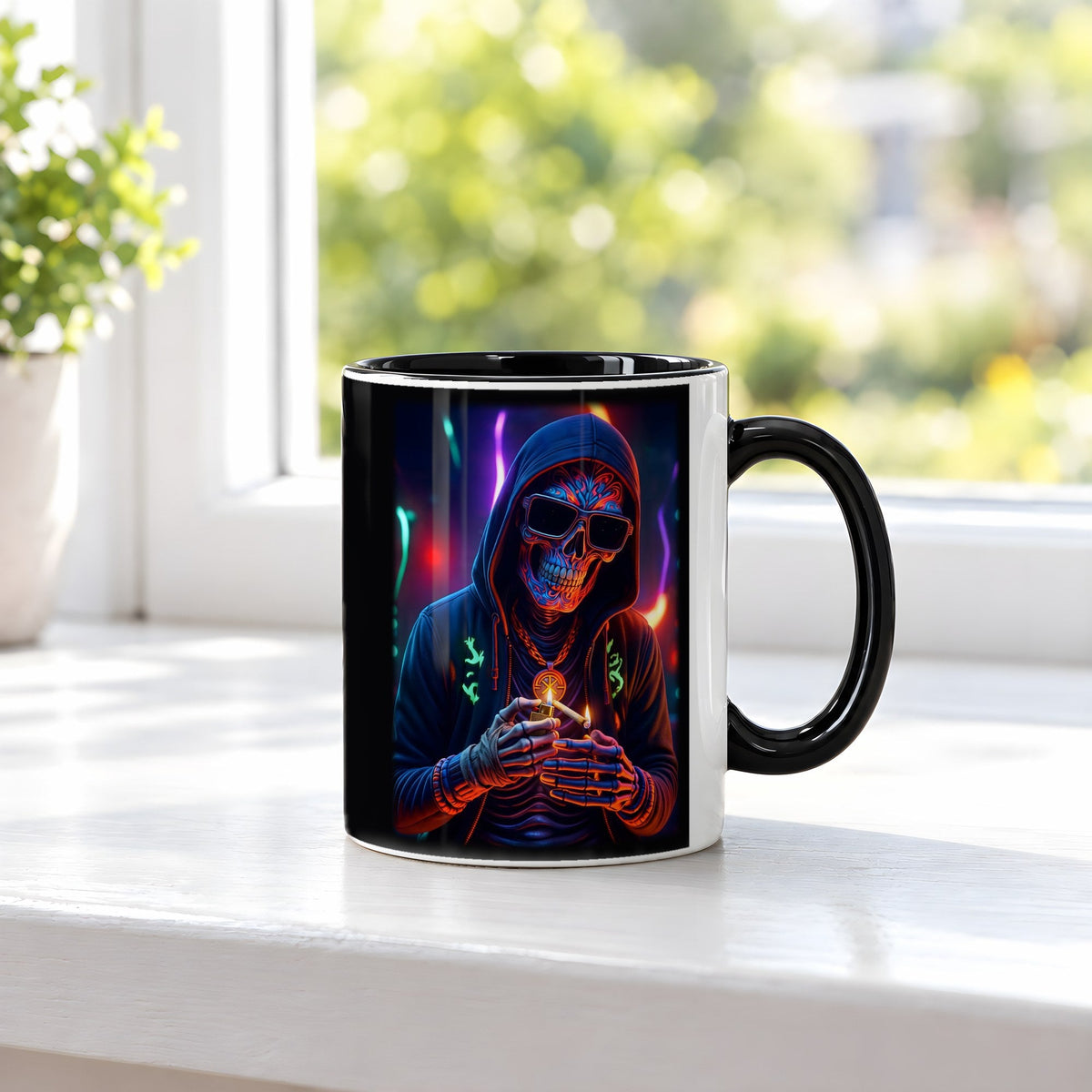 Das Neon-Skelett – Tasse innen schwarz, auf der Fensterbank