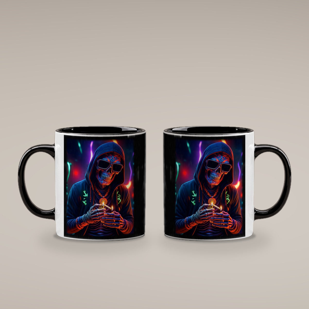 Das Neon-Skelett – Tasse innen schwarz, beide Seiten bedruckt
