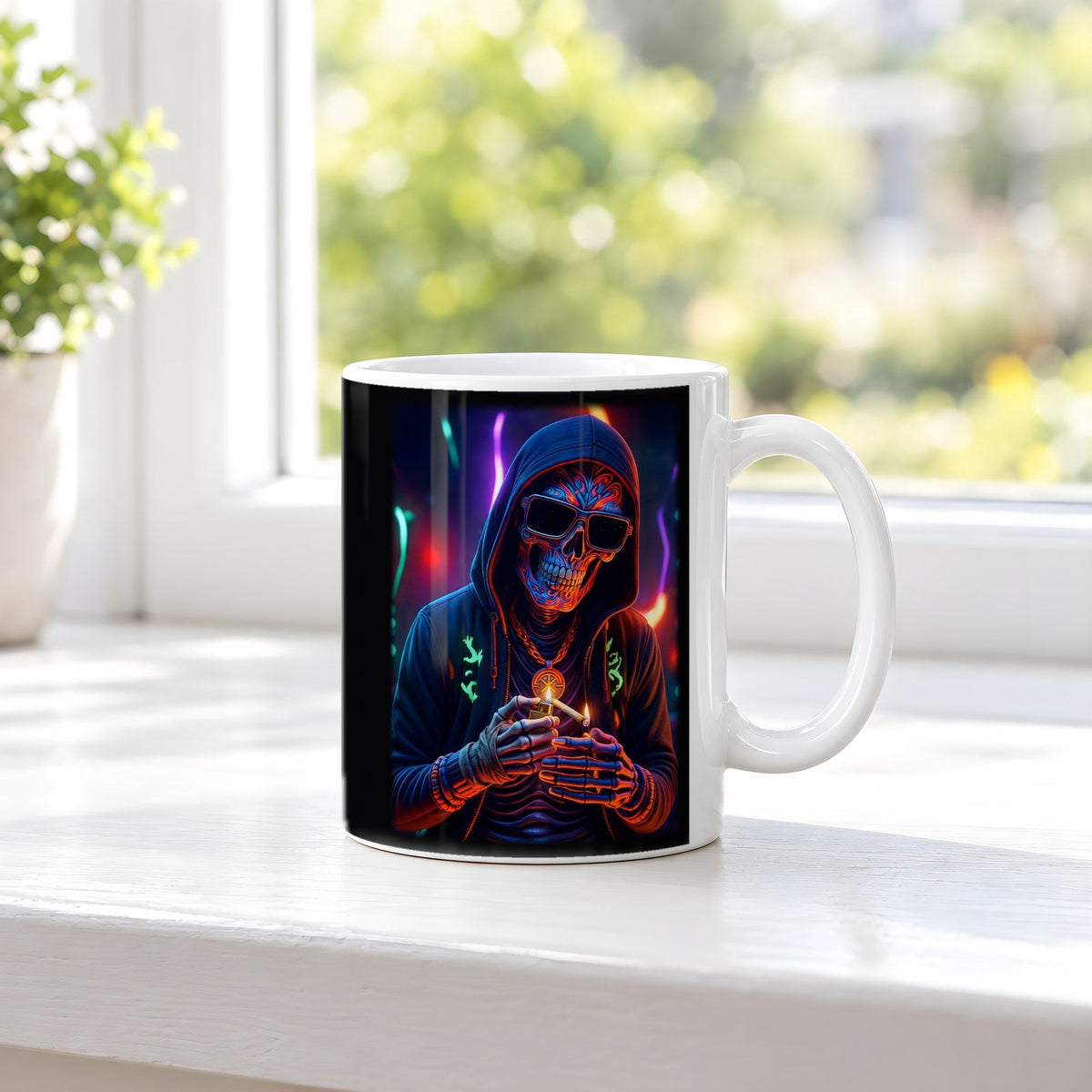Das Neon-Skelett – weiße Tasse, auf der Fensterbank