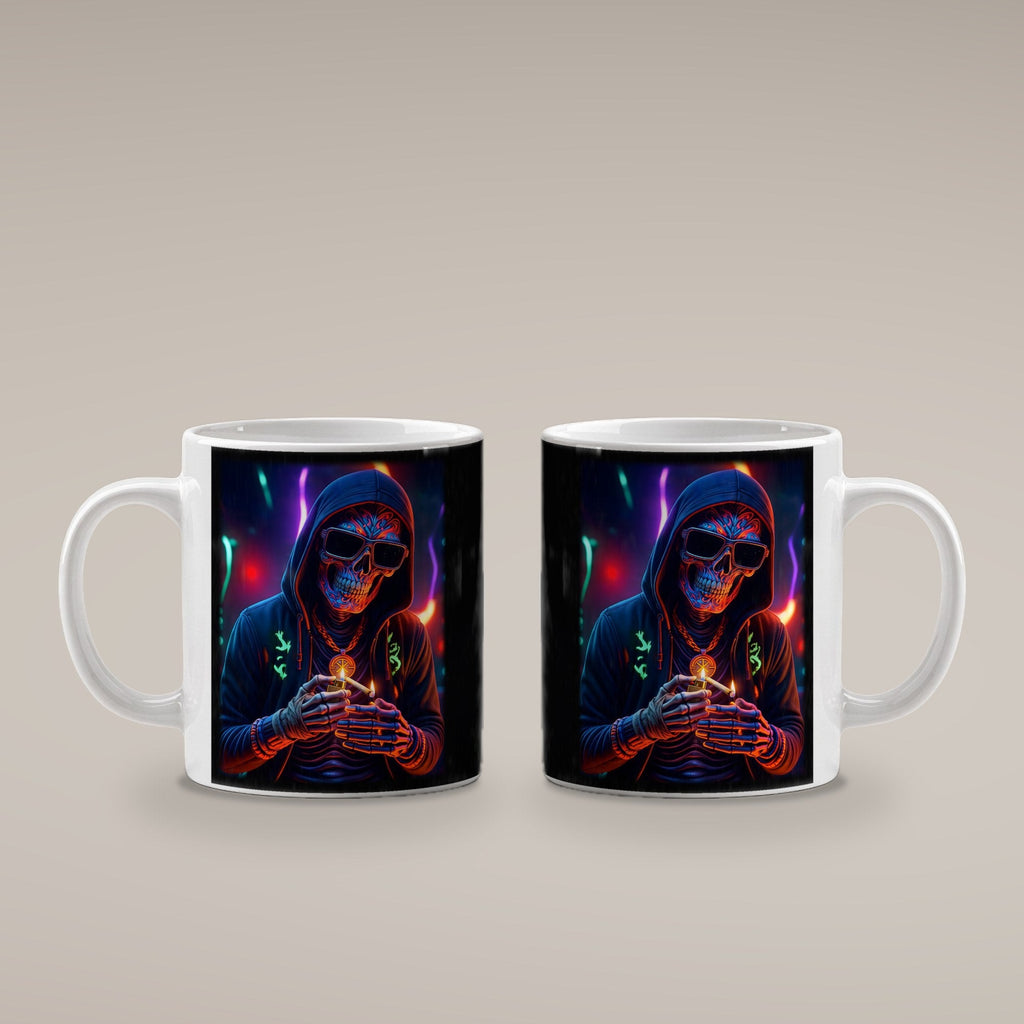 Das Neon-Skelett – weiße Tasse, beide Seiten bedruckt