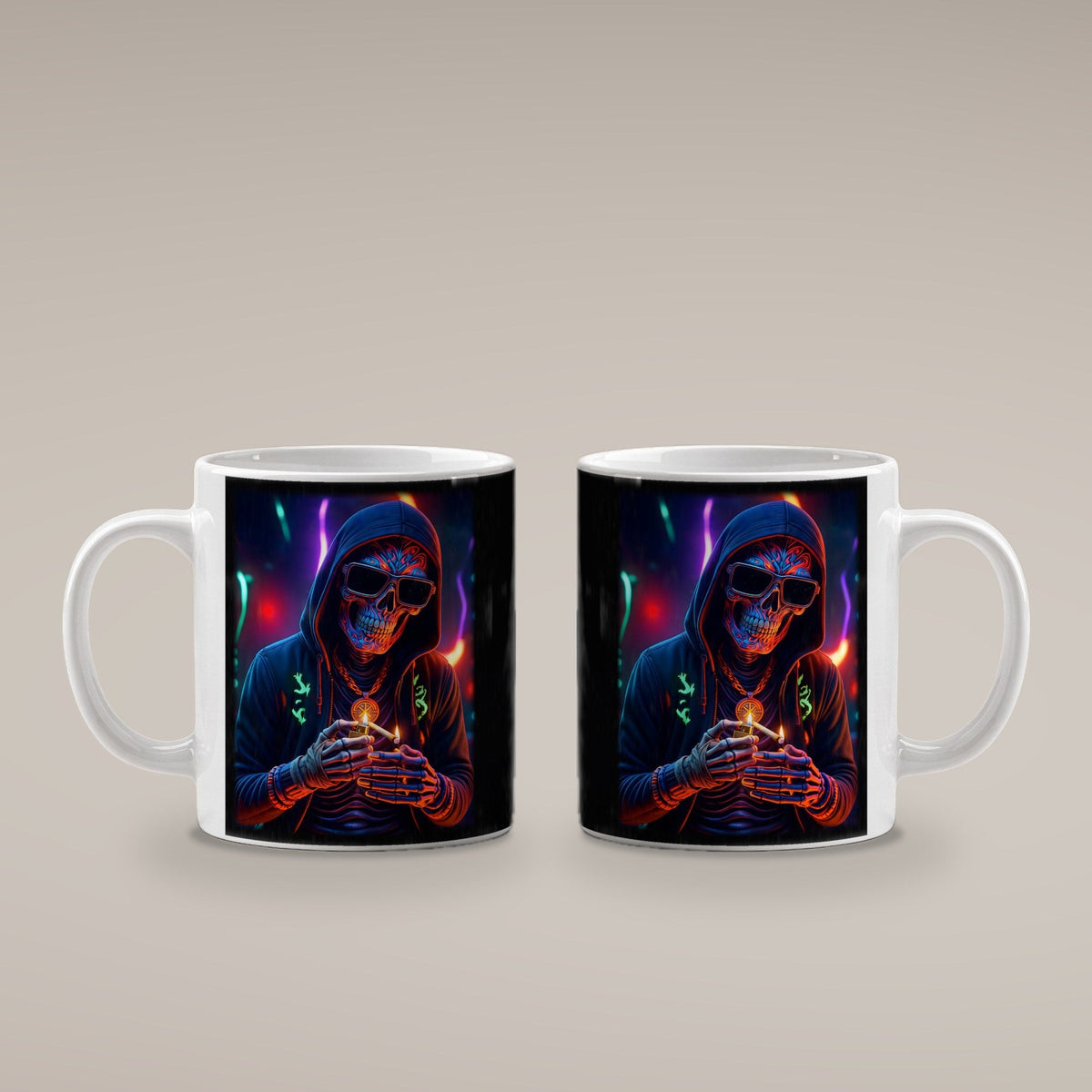 Das Neon-Skelett – weiße Tasse, beide Seiten bedruckt