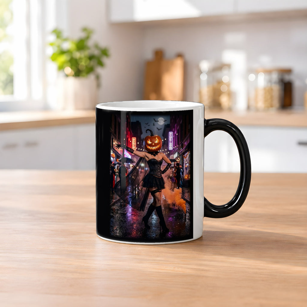 Die Nachtschwärmerin – Black Edition Zaubertasse mit Motiv (heiß), auf dem Küchentresen