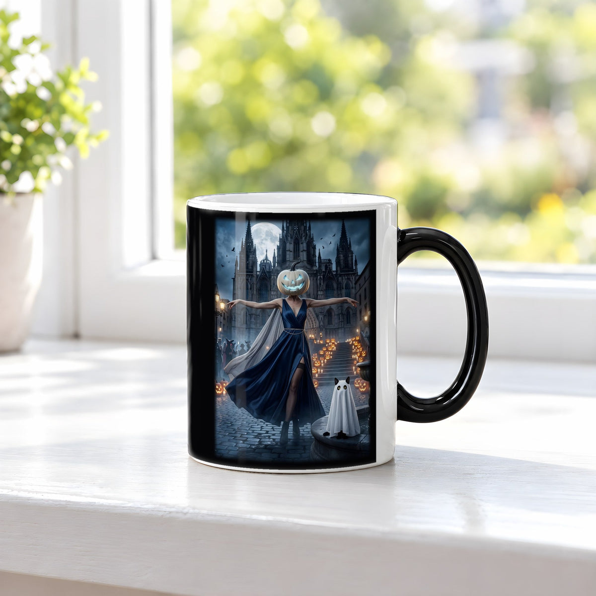 Die Nachttänzerin – Black Edition Zaubertasse mit Motiv (heiß), auf der Fensterbank