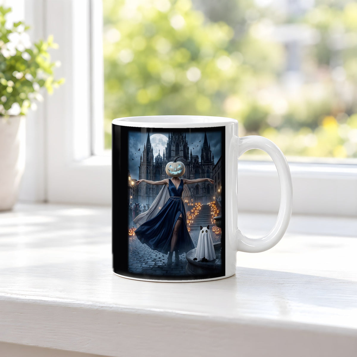 Die Nachttänzerin – weiße Tasse, auf der Fensterbank