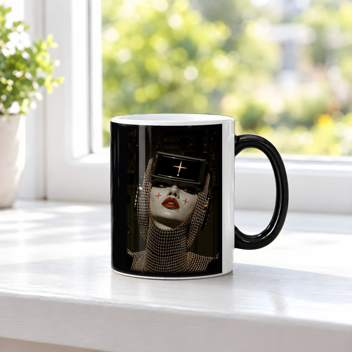 Die Orakel-Priesterin – Black Edition Zaubertasse mit Motiv (heiß), auf der Fensterbank