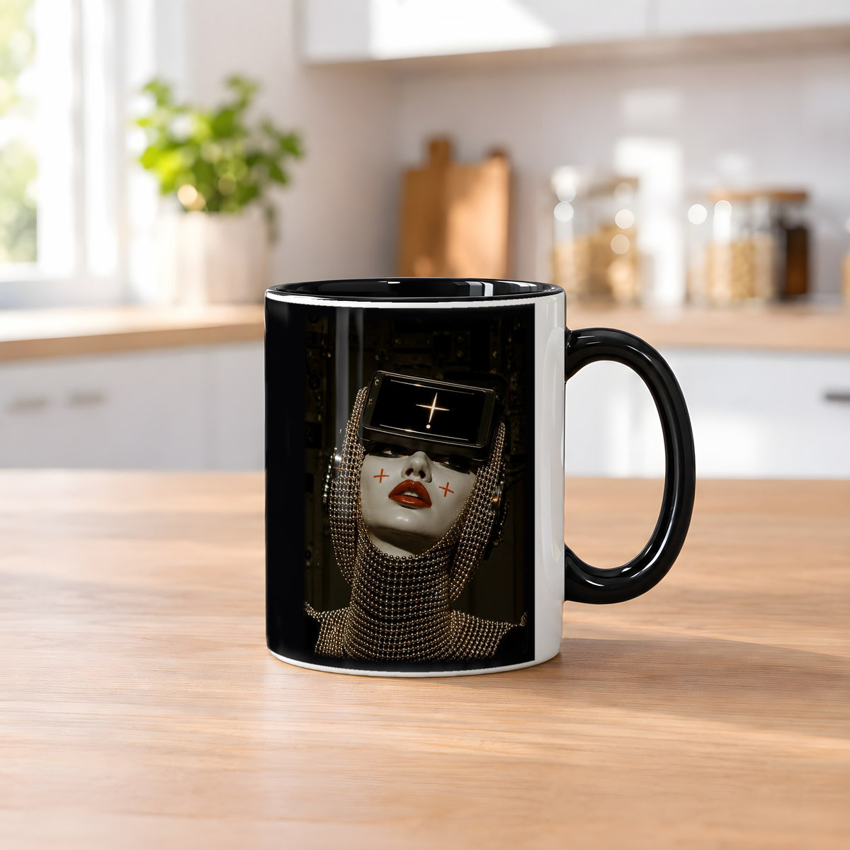 Die Orakel-Priesterin – Tasse innen schwarz, auf dem Küchentresen