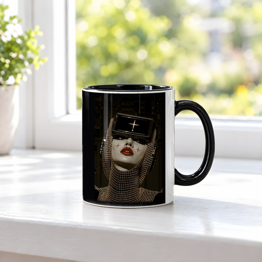 Die Orakel-Priesterin – Tasse innen schwarz, auf der Fensterbank