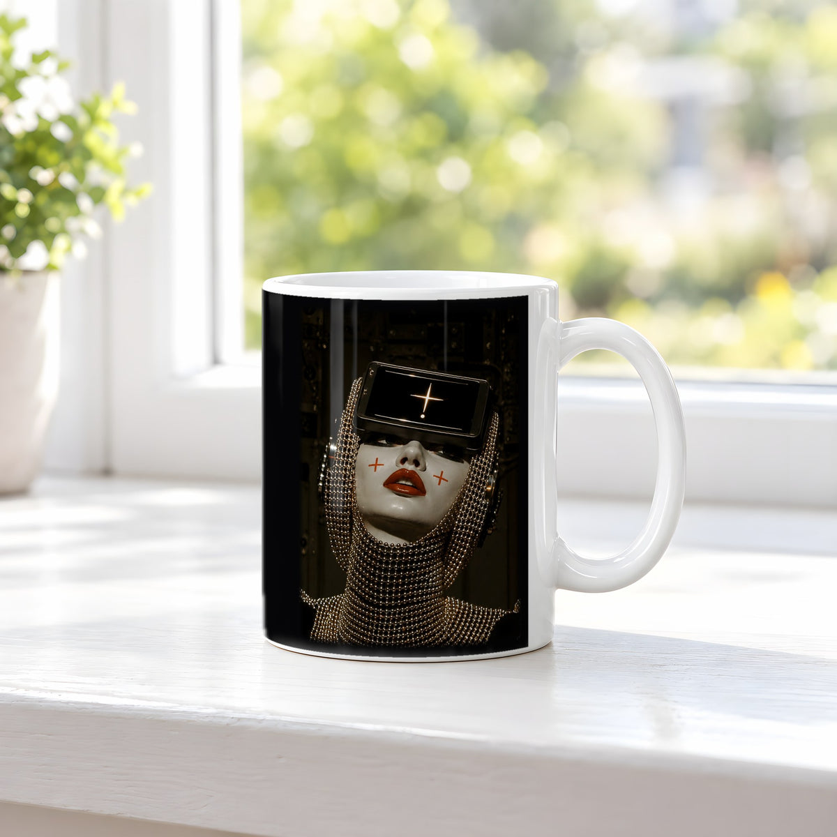 Die Orakel-Priesterin – weiße Tasse, auf der Fensterbank