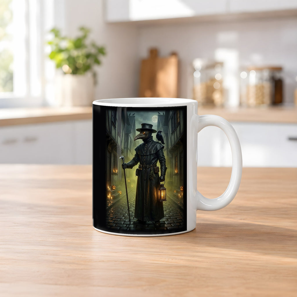 Der Pestdoktor – weiße Tasse, auf dem Küchentresen