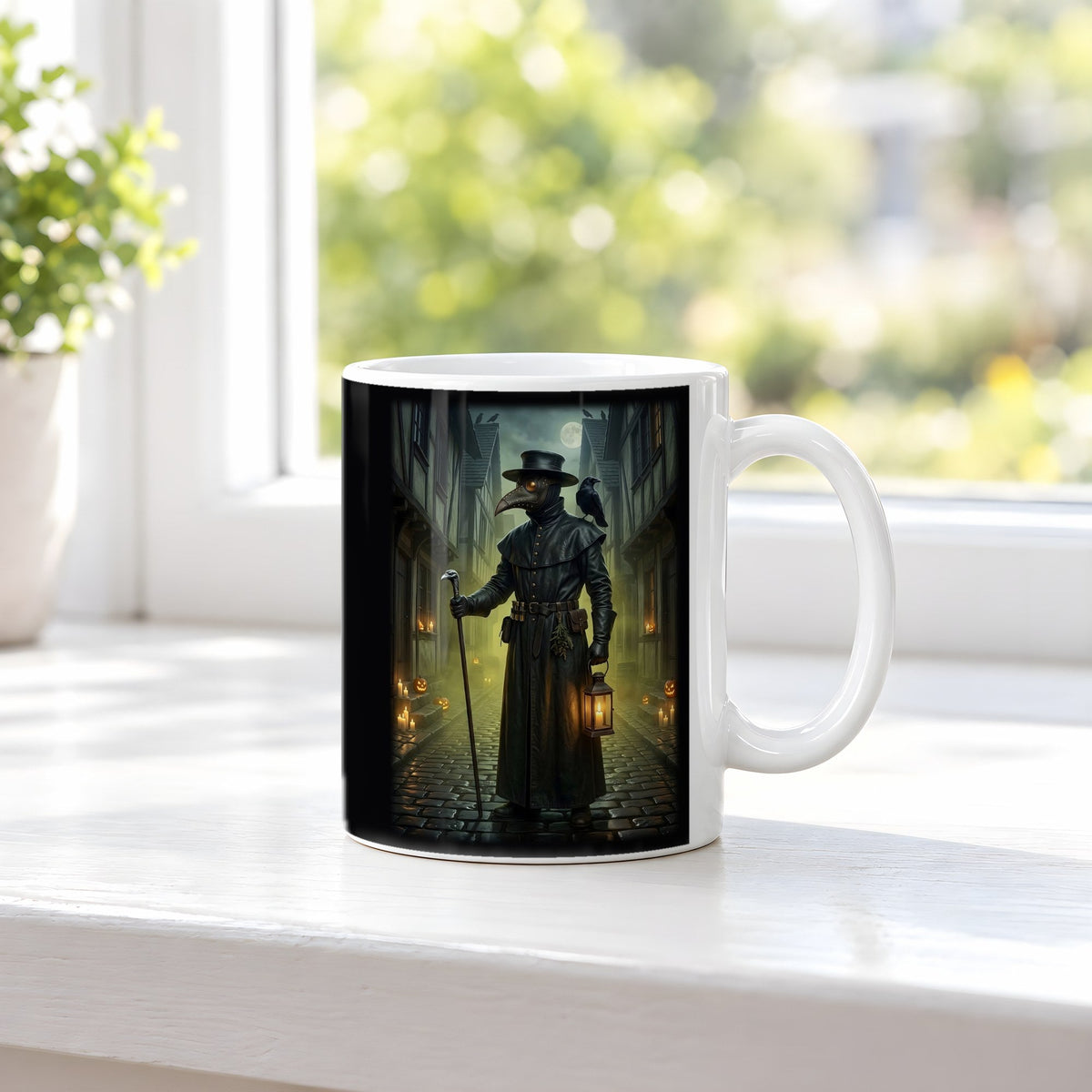 Der Pestdoktor – weiße Tasse, auf der Fensterbank