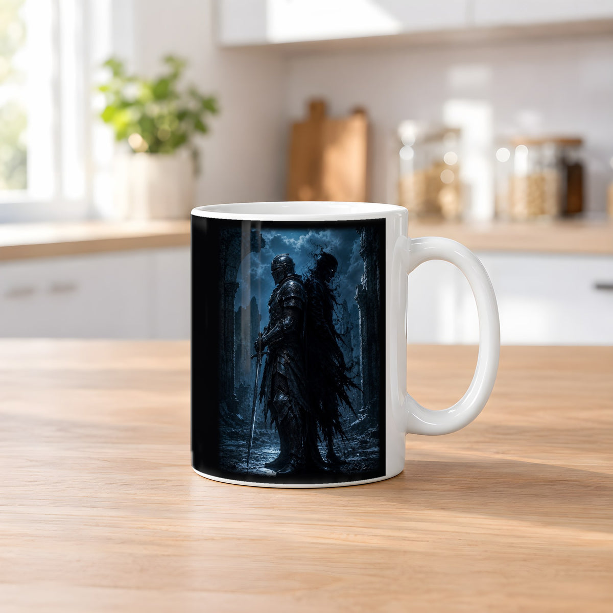 Der Pakt mit dem Tod – weiße Tasse, auf dem Küchentresen