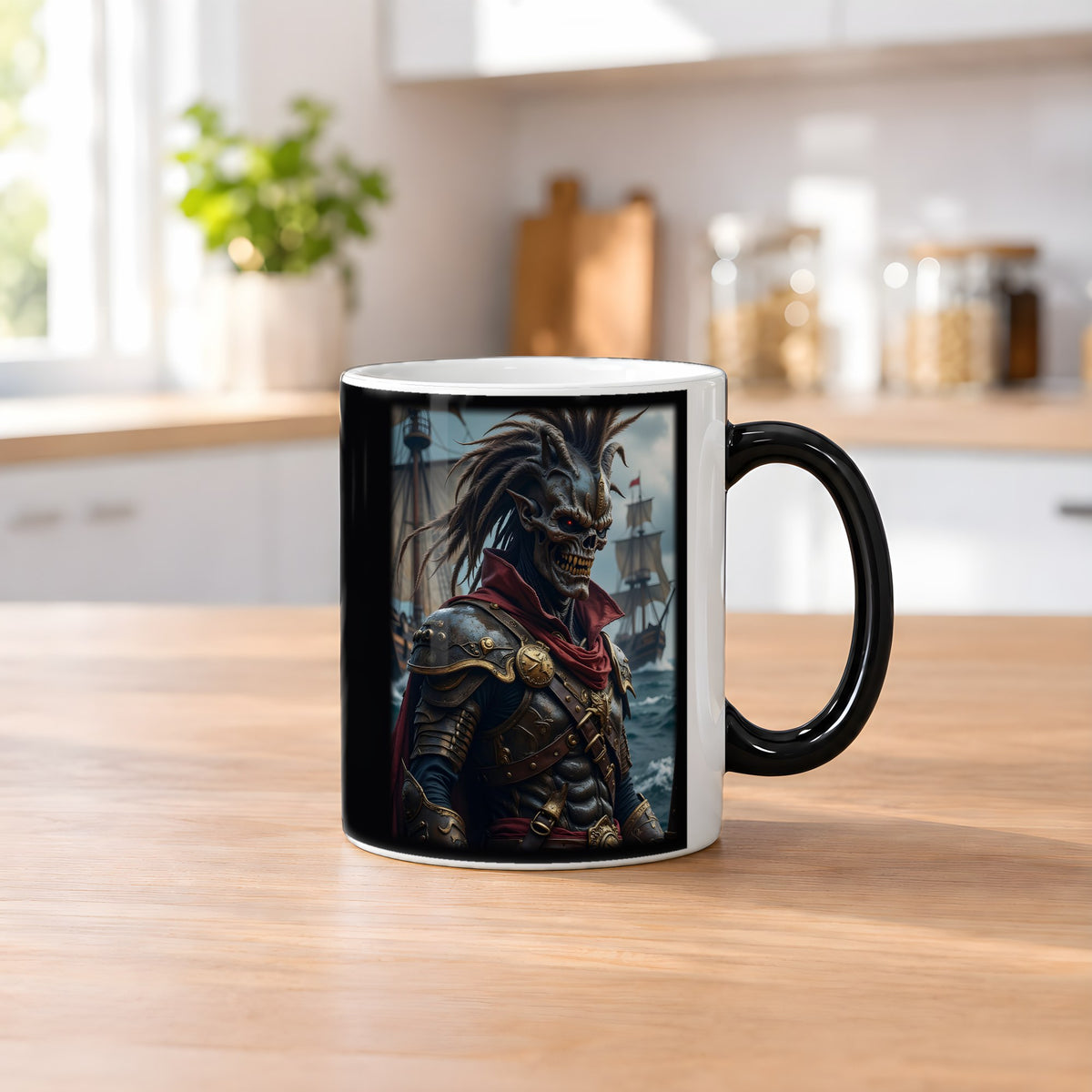 Der Piratenkönig – Black Edition Zaubertasse mit Motiv (heiß), auf dem Küchentresen