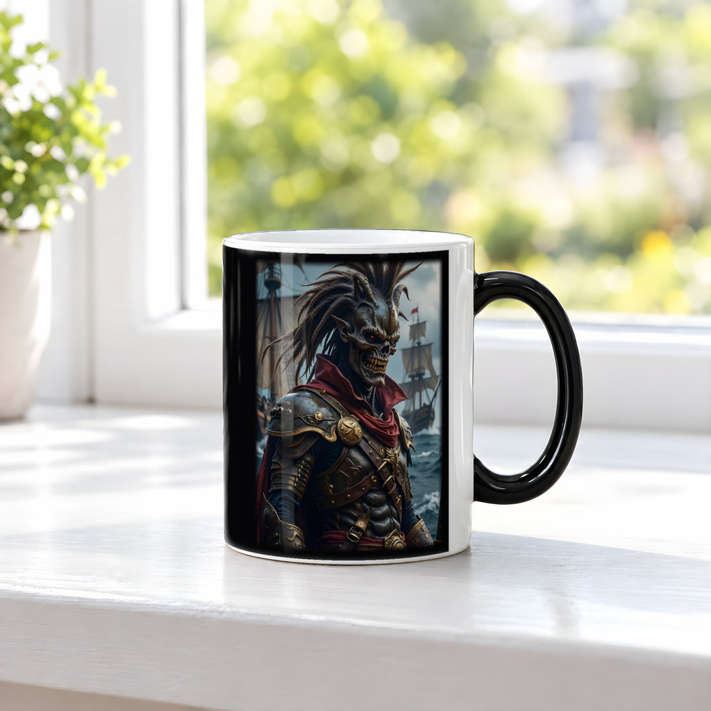 Der Piratenkönig – Black Edition Zaubertasse mit Motiv (heiß), auf der Fensterbank