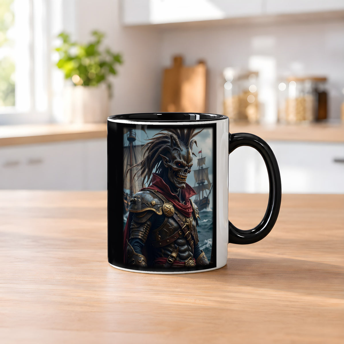 Der Piratenkönig – Tasse innen schwarz, auf dem Küchentresen