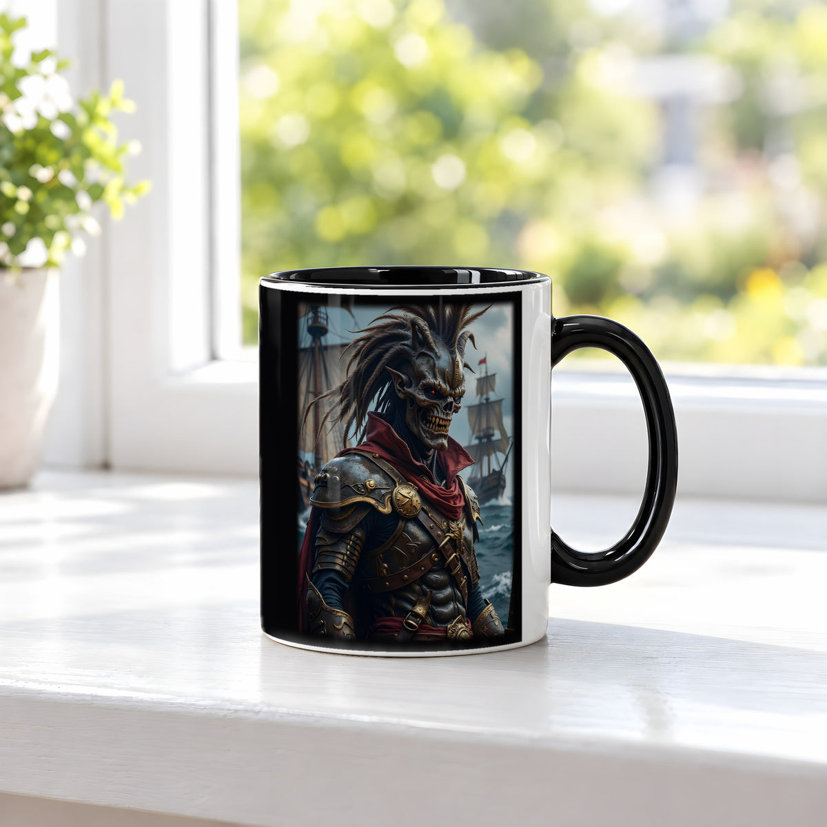 Der Piratenkönig – Tasse innen schwarz, auf der Fensterbank