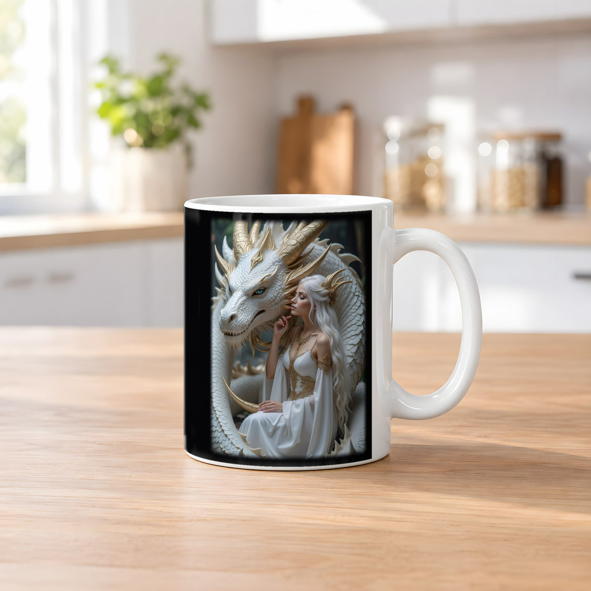 Die Perlenkönigin – weiße Tasse, auf dem Küchentresen