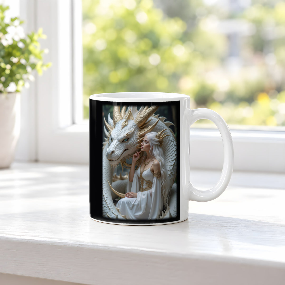 Die Perlenkönigin – weiße Tasse, auf der Fensterbank