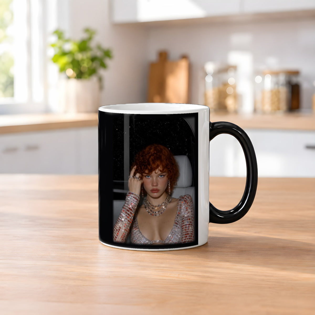 Perlmuttrausch – Black Edition Zaubertasse mit Motiv (heiß), auf dem Küchentresen