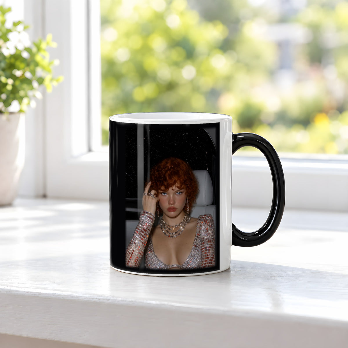 Perlmuttrausch – Black Edition Zaubertasse mit Motiv (heiß), auf der Fensterbank