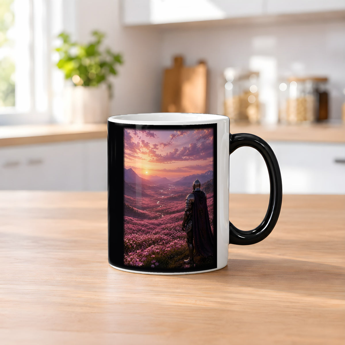 Das Purpurtal – Black Edition Zaubertasse mit Motiv (heiß), auf dem Küchentresen