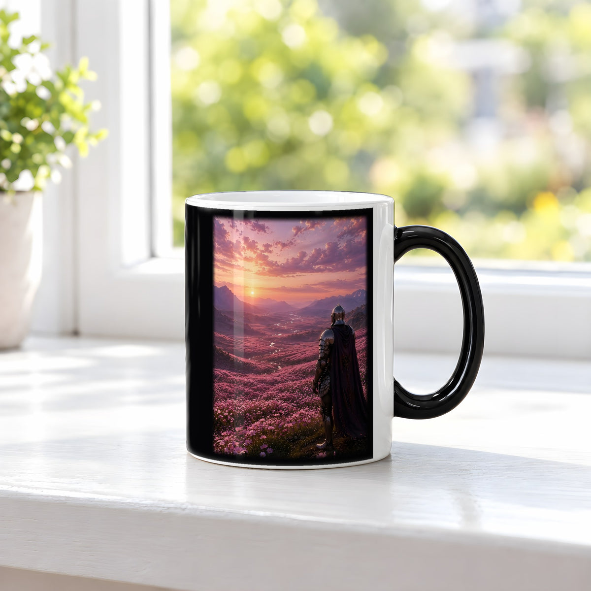 Das Purpurtal – Black Edition Zaubertasse mit Motiv (heiß), auf der Fensterbank