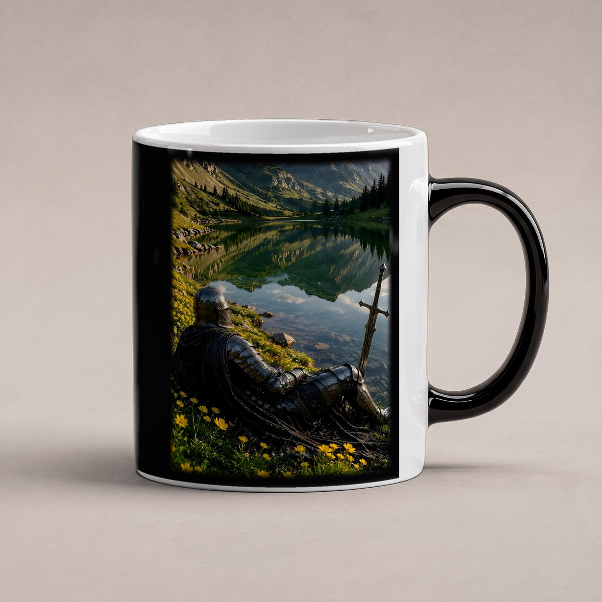 Ruhe am Bergsee – Black Edition Zaubertasse mit Motiv (heiß), freigestellt
