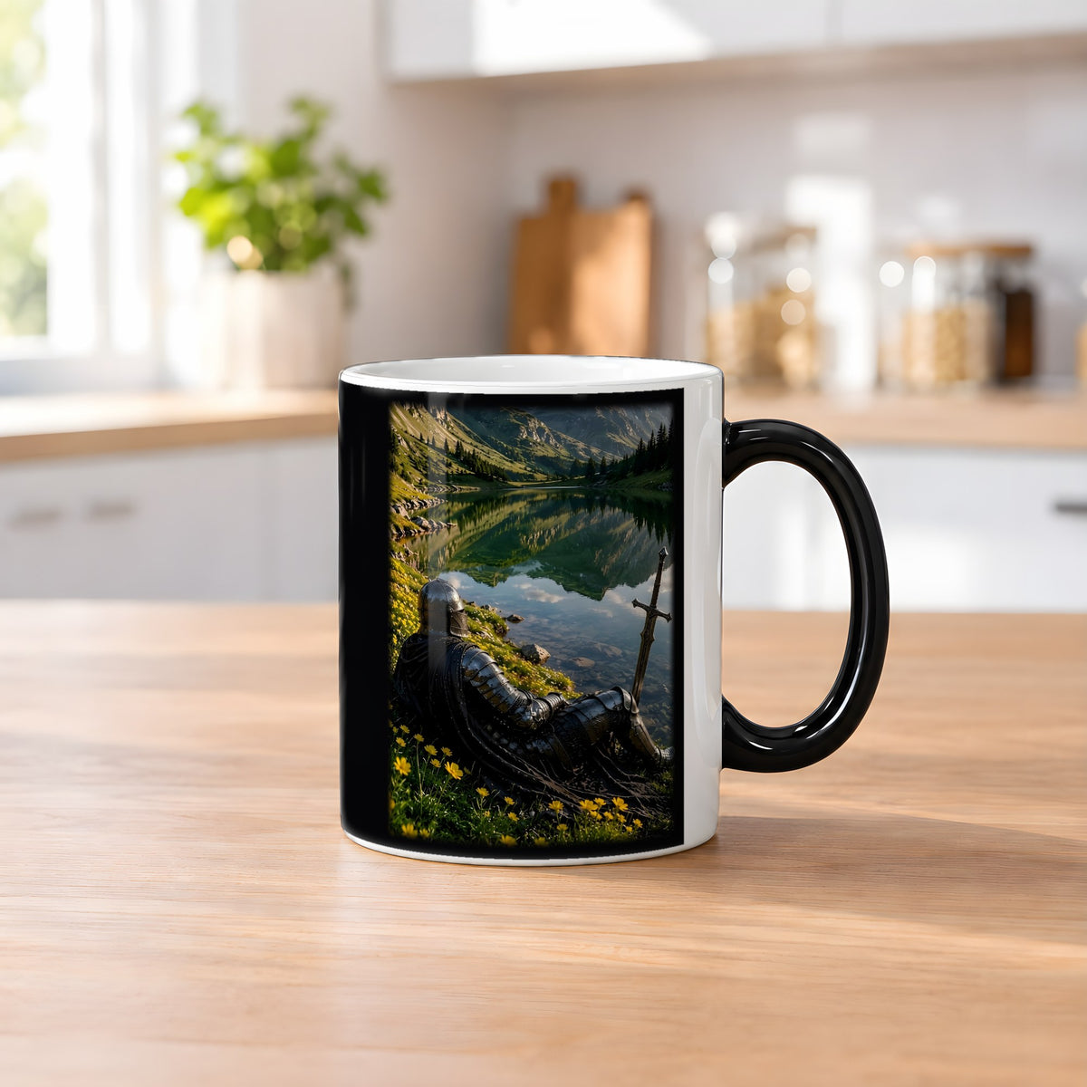 Ruhe am Bergsee – Black Edition Zaubertasse mit Motiv (heiß), auf dem Küchentresen